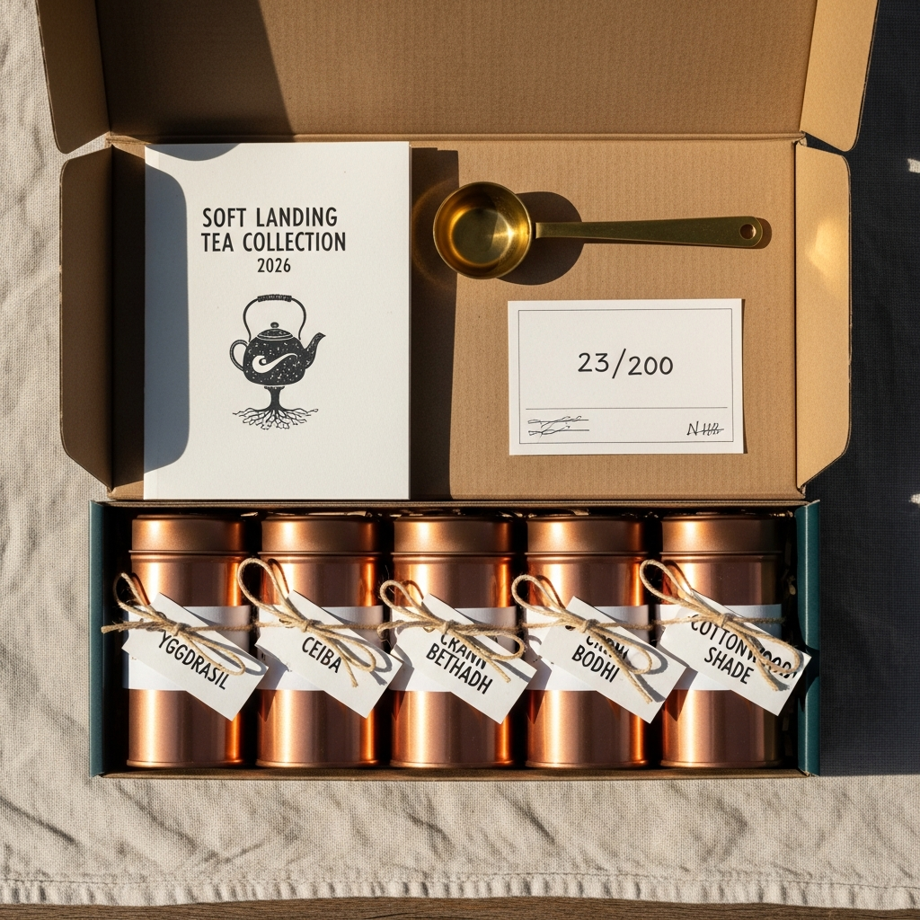 Open dark tea-brown gift box of five copper tea tins labeled YGGDRASIL, CEIBA, CRANN BETHADH, BODHI, COTTONWOOD SHADE, with a letterpress brewing booklet and a 23/200 hand-numbered card.