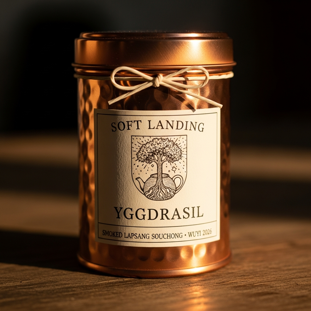 Close-up of a single hammered-copper tea tin with a letterpress cream label reading SOFT LANDING, a small cosmic-tree-from-teapot emblem, the tea name YGGDRASIL in italic serif, and SMOKED LAPSANG SOUCHONG · WUYI · 2026 in smaller text. A twine bow at the top.