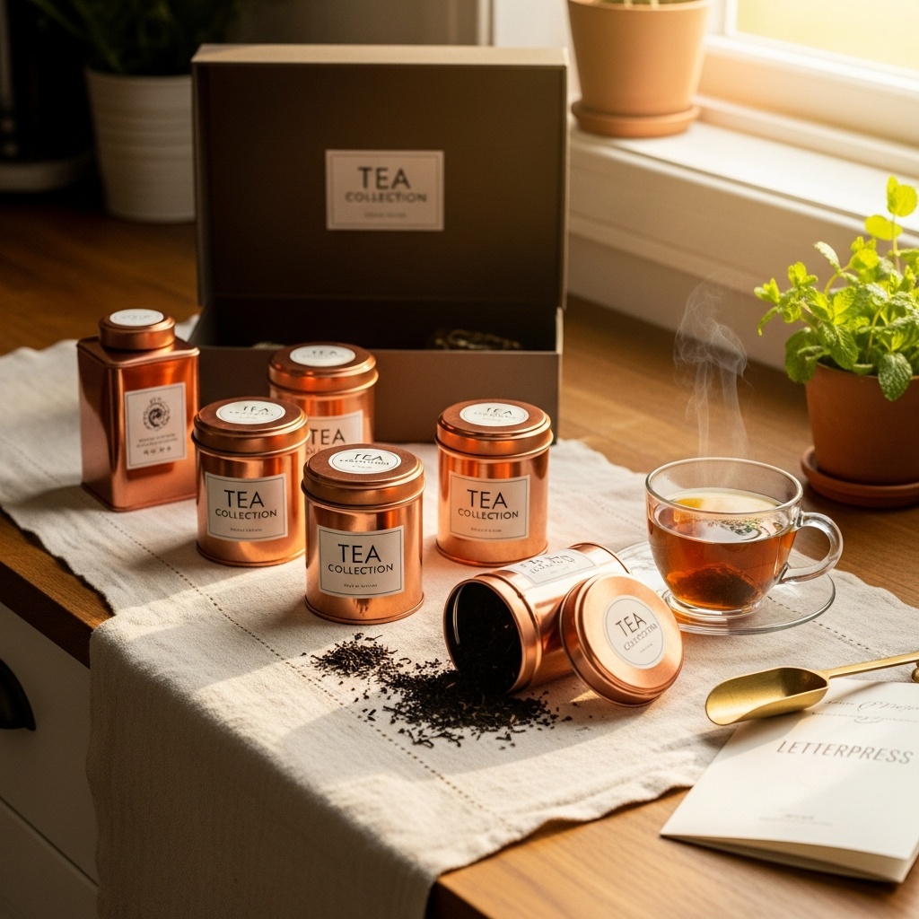 The Tea Collection at home on a sunlit kitchen counter — copper tins arranged casually on a cream linen runner, one tin open and tipped, a glass cup of dark amber tea steaming beside it, terracotta pot of mint at the edge.