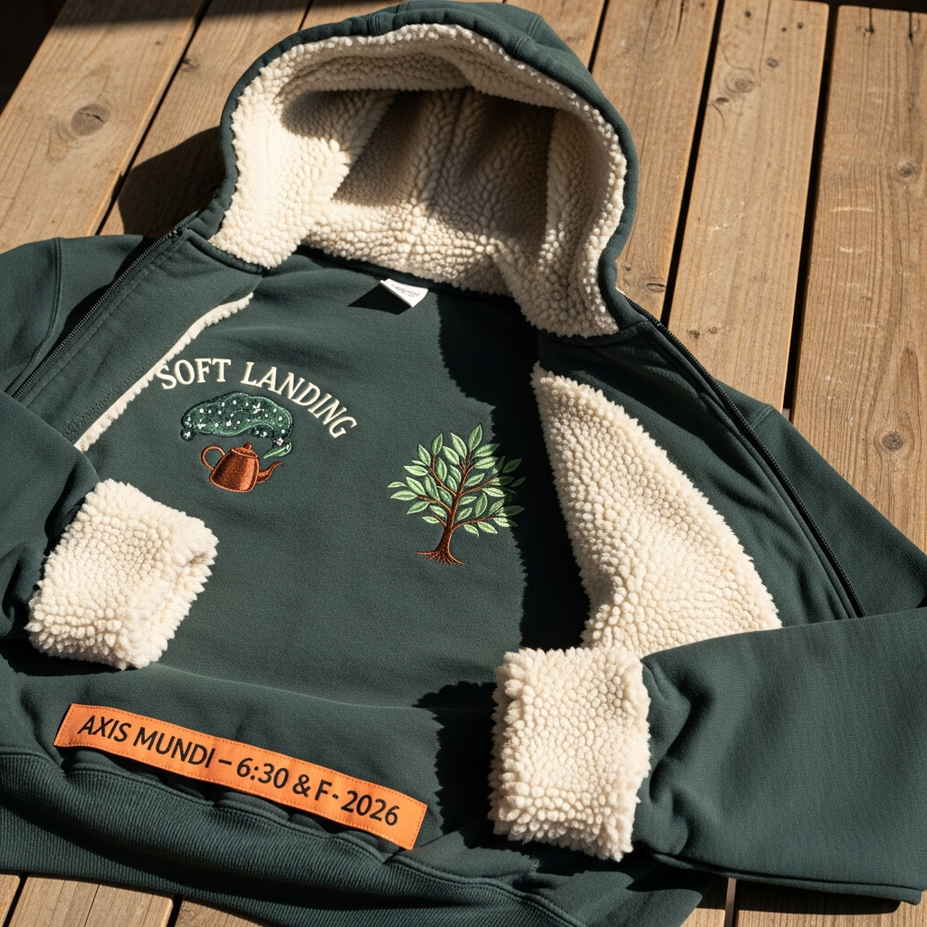 Flat-lay product photograph of a heavyweight teal-green cotton hoodie on weathered wood, hood folded back to show a thick cream-colored plush sherpa lining around the neck and inside the hood. A small cream-thread SOFT LANDING wordmark with a cosmic-tree-from-teapot emblem on the upper-left chest. Sunset-orange woven tag at the hem: AXIS MUNDI · 6:30 & F · 2026. Plush sherpa cuffs visible.