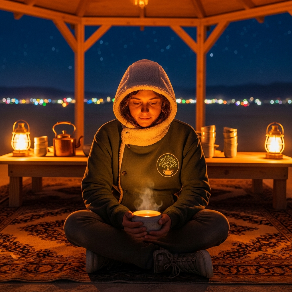 Nighttime photograph of a person sitting cross-legged on a Persian rug in front of a lantern-lit teahouse on the playa, holding a steaming ceramic cup of tea in both hands. They wear the Tea Hoodie with the hood up, small cosmic-tree-from-teapot chest emblem visible. Copper kettles and stacked cups on a long wooden table behind them. Distant camp lights twinkle on the dark playa.