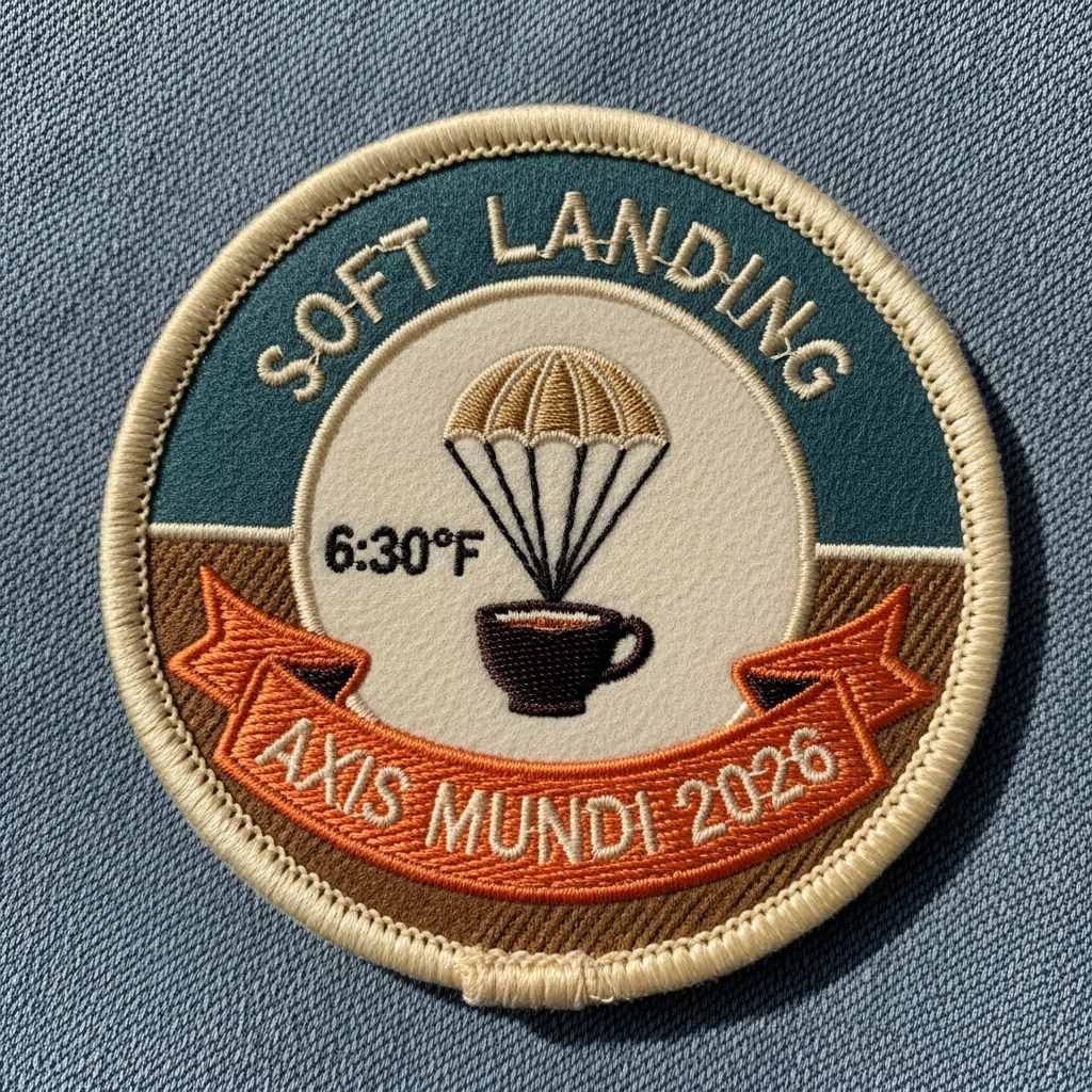 Embroidered round merit-badge patch on denim. Cream satin-stitch border, teal field with cream-thread SOFT LANDING curving along the top, tan lower field with a parachute over a teacup in the center and a sunset-orange banner reading AXIS MUNDI 2026 across the bottom.