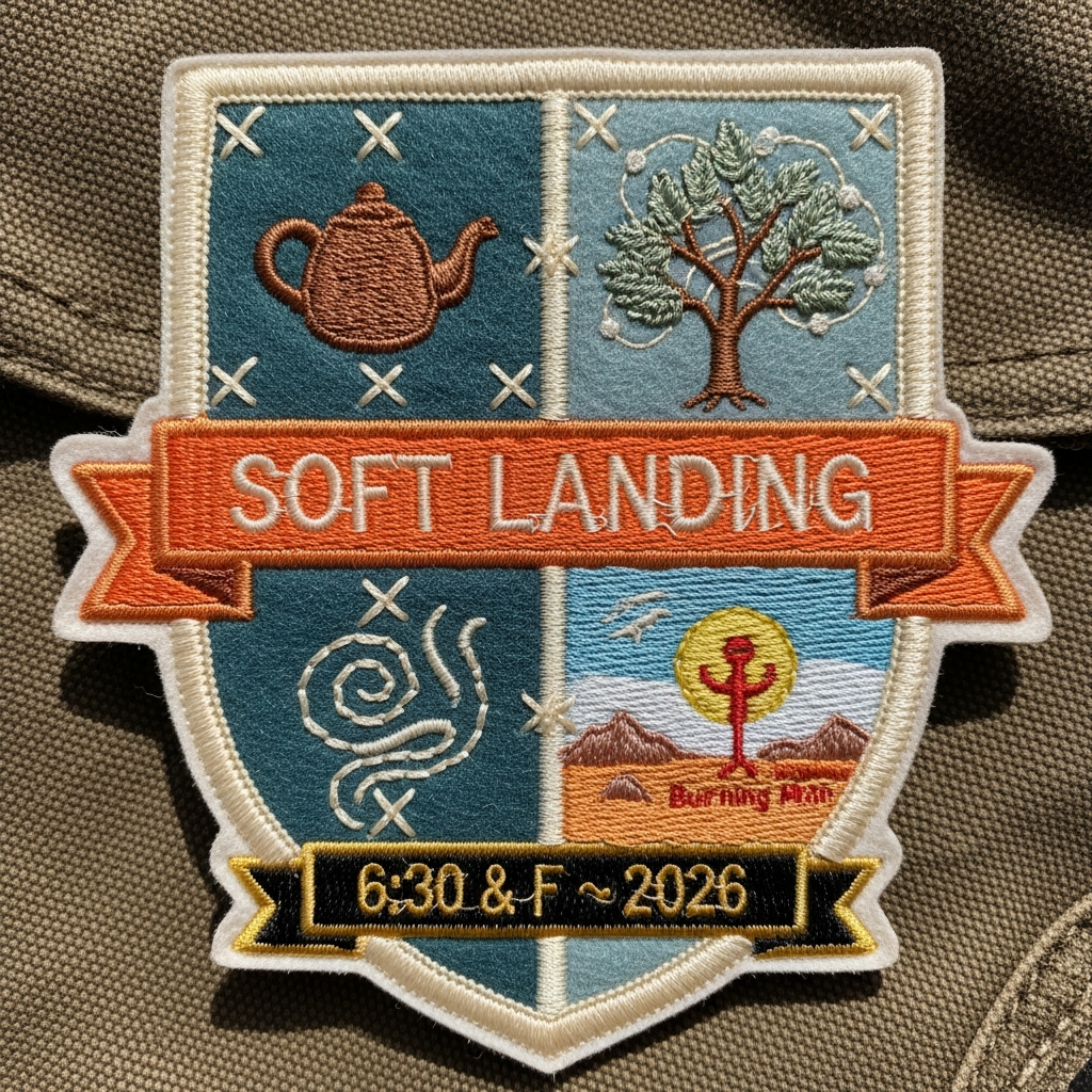 Embroidered heraldic shield patch on canvas. Cream satin-stitch border, teal field divided into four quarters: copper teapot, green cosmic tree, cream steam swirl, desert horizon with Burning Man silhouette. Orange SOFT LANDING ribbon across the middle. Black 6:30 & F ~ 2026 ribbon at the bottom point.