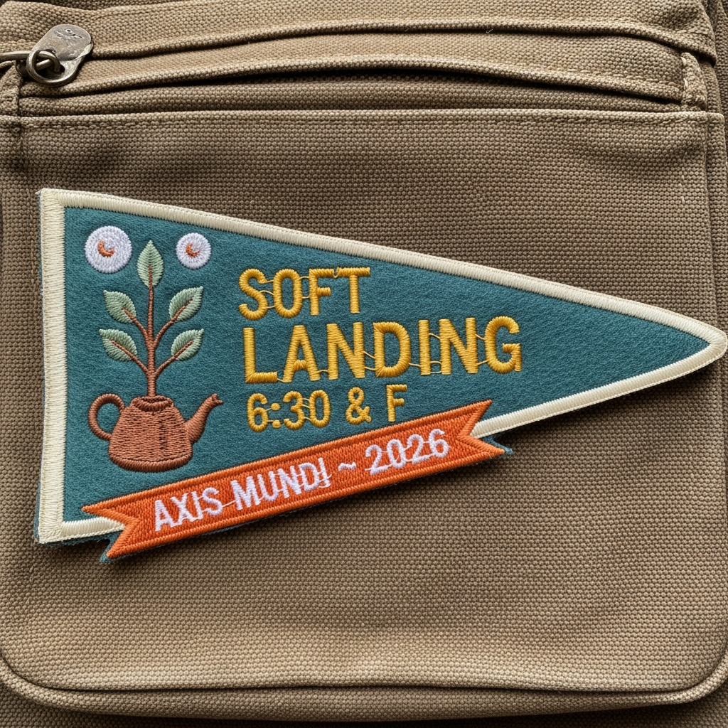 Embroidered pennant-shaped patch on a canvas backpack. Cream satin-stitch border, teal field, copper teapot on the left with a sage-green cosmic tree of tea leaves growing from it. Gold serif SOFT LANDING and 6:30 & F wordmark. Sunset-orange AXIS MUNDI ~ 2026 banner at the bottom.