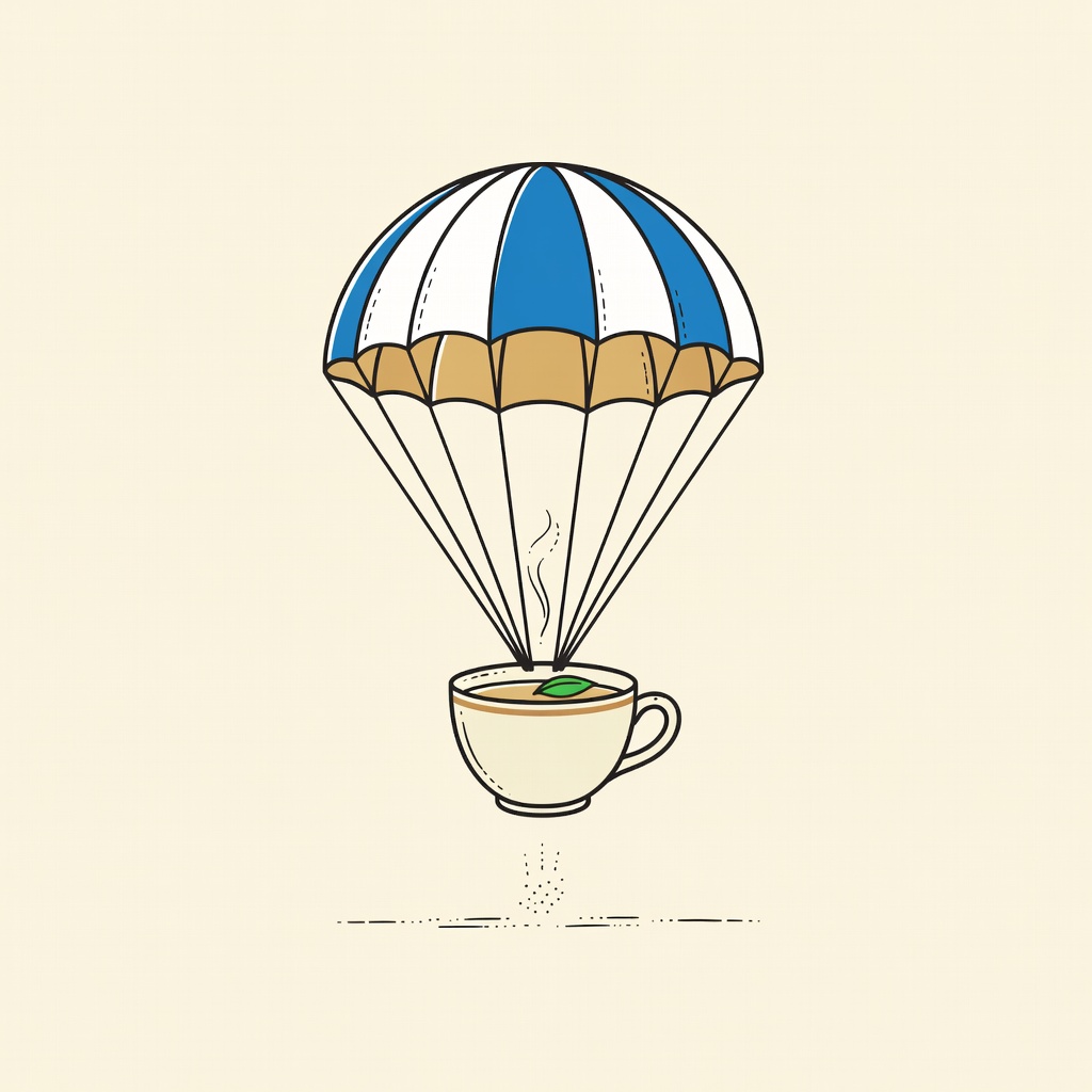 Vintage-poster-style hand-drawn parachute (blue and white panels with tan rim) carrying a single ceramic teacup downward, steam rising, small green tea leaf floating on the surface, dust line at the bottom.