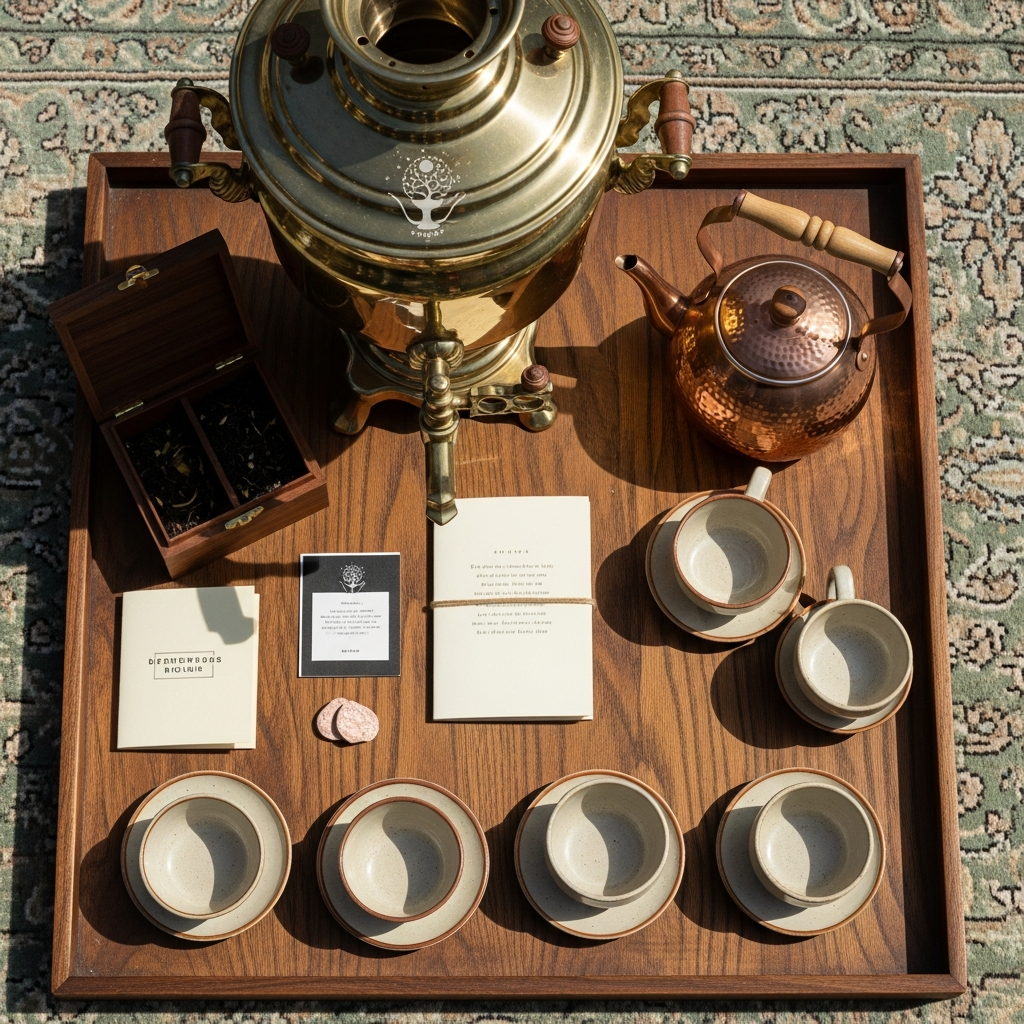 Overhead view of the Full Circle Tea Service Set: brass samovar, copper teapot, cream-glaze cups, walnut tea box, and letterpress booklet on a walnut tray.