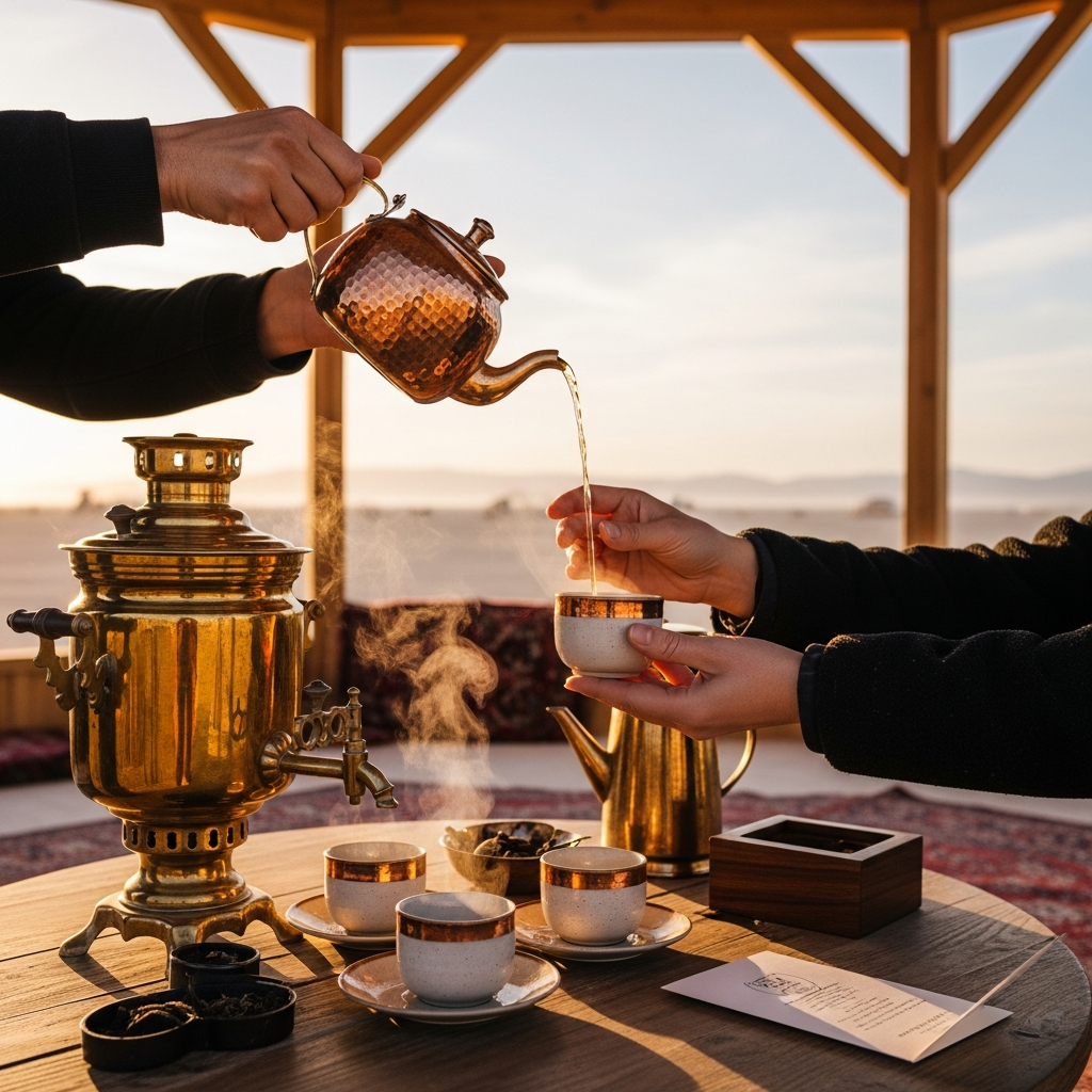 Pouring a stream of dark amber tea from a hammered-copper teapot into a small cream ceramic cup at golden hour on the playa. The brass samovar and the rest of the set are visible on the wooden table; the teahouse pavilion frames the background.
