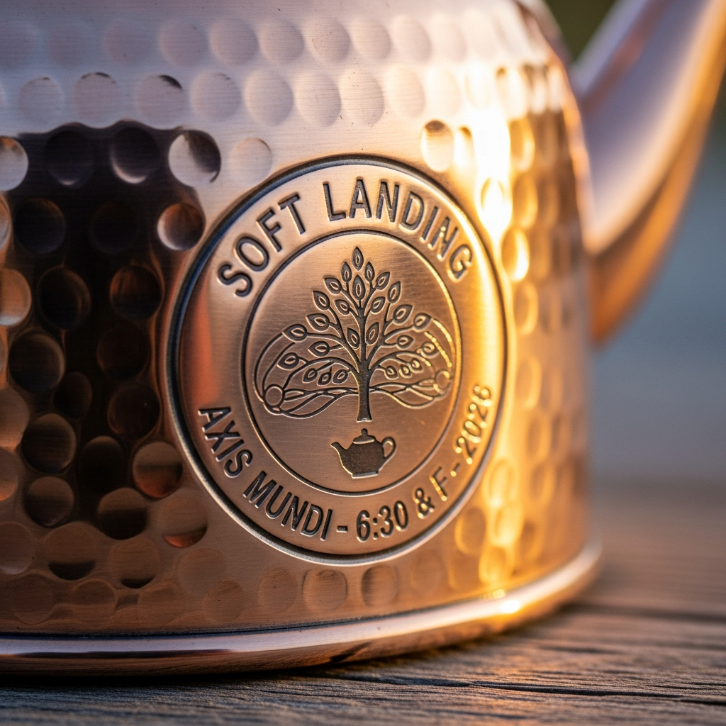 Macro close-up of the engraved emblem on the side of the hammered-copper teapot — a stylized cosmic tree of seven leaves growing from a tiny teapot, with 'SOFT LANDING' arcing above and 'AXIS MUNDI · 6:30 & F · 2026' arcing below, in clean serif lettering on polished copper with hammered texture surrounding.