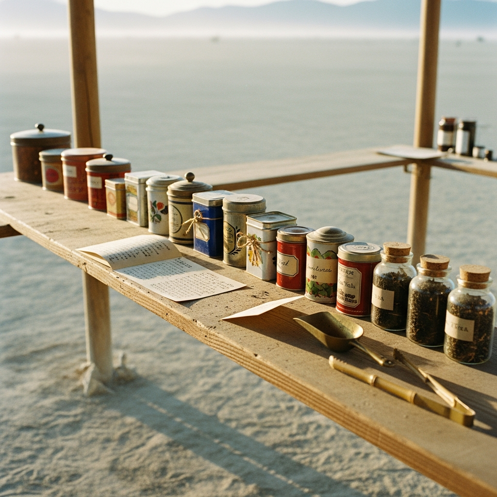 Long wooden shelf at the teahouse holding fifteen varied vintage tea tins and canisters in a row at golden hour.
